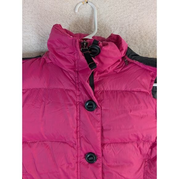 LL Bean Goose Down Vest Pink Womens Medium Removable Hood Fur Trim Zip Pockets - Picture 8 of 16
